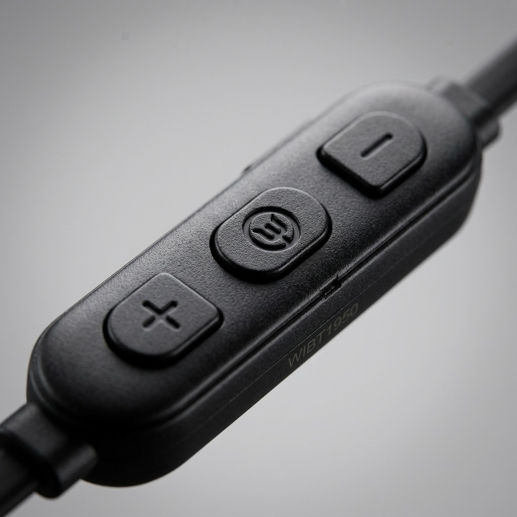 An extreme macro photograph detailing the textured control buttons on the Wicked Audio Hiro inline remote, showing material finish and button geometry with shallow depth of field.