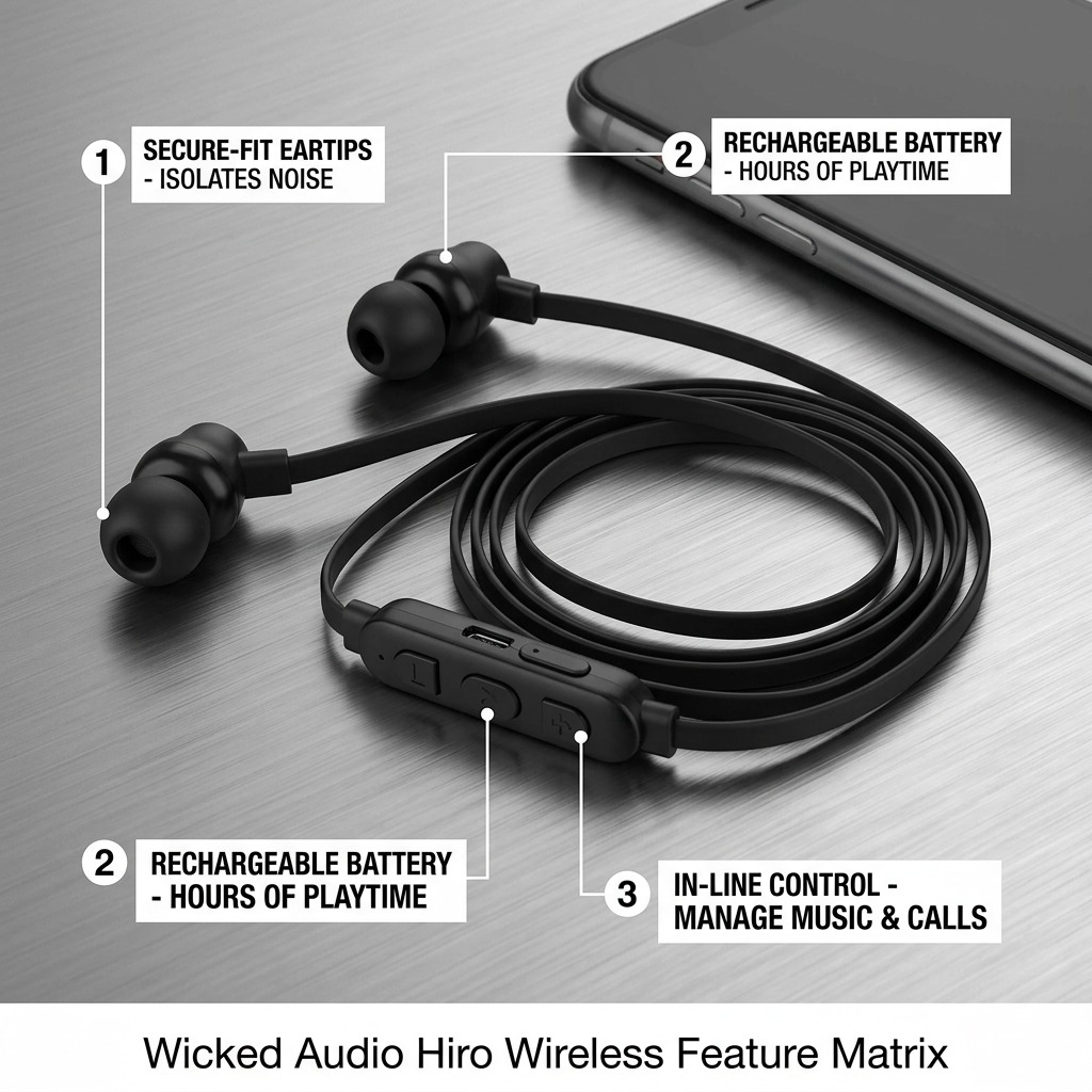 Feature graphic highlighting noise isolation, in-line controls, and battery on Wicked Audio Hiro.
