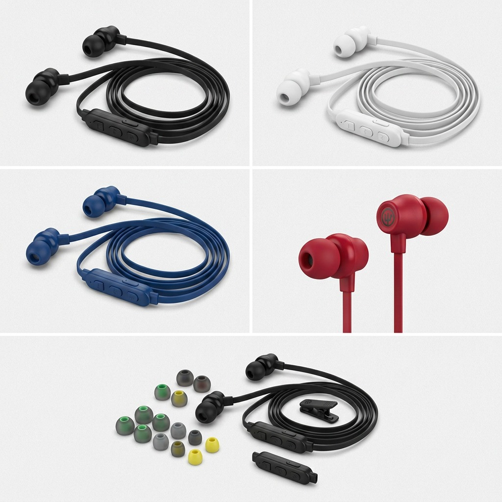 A grid displaying the Wicked Audio Hiro Wireless earbuds in black, red, and blue color variants.