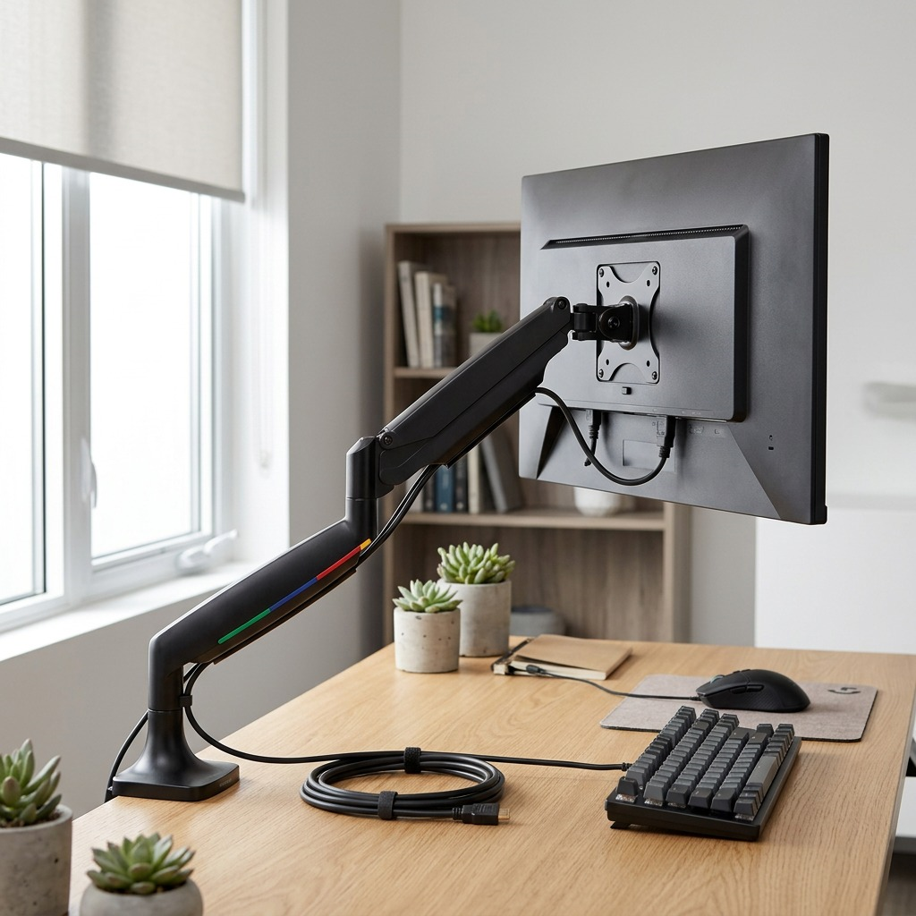 A natural lifestyle photograph of the Kensington 1Tch black single monitor arm clamp-mounted to a wooden desk.