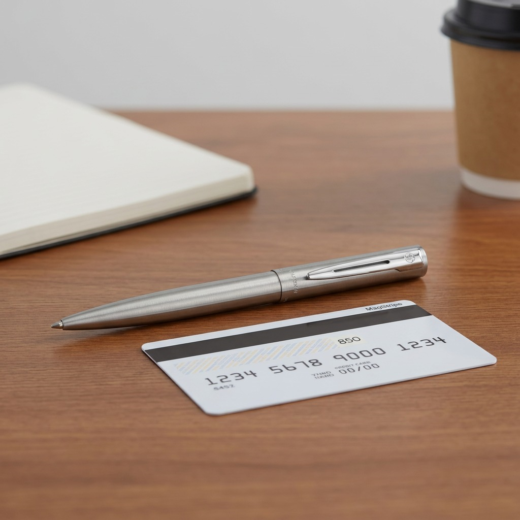 A realistic visual matrix image displaying the specified stainless steel pen to scale alongside a universally recognizable object, like a common credit card, against a neutral desk background.