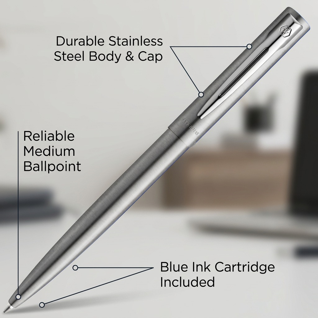 Ecommerce graphic with callouts for the Waterman Allure stainless steel ballpoint pen, detailing its durable construction and ready-to-use blue ink.