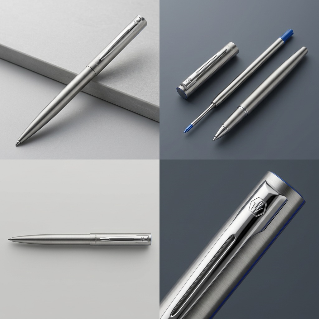 A four-panel grid matrix featuring the Waterman Allure ballpoint pen from image_0.png, showcasing different views: closed at an angle, open with cap off, a top view, and a close-up on the clip and logo. Set against a clean, premium grey gradient background.