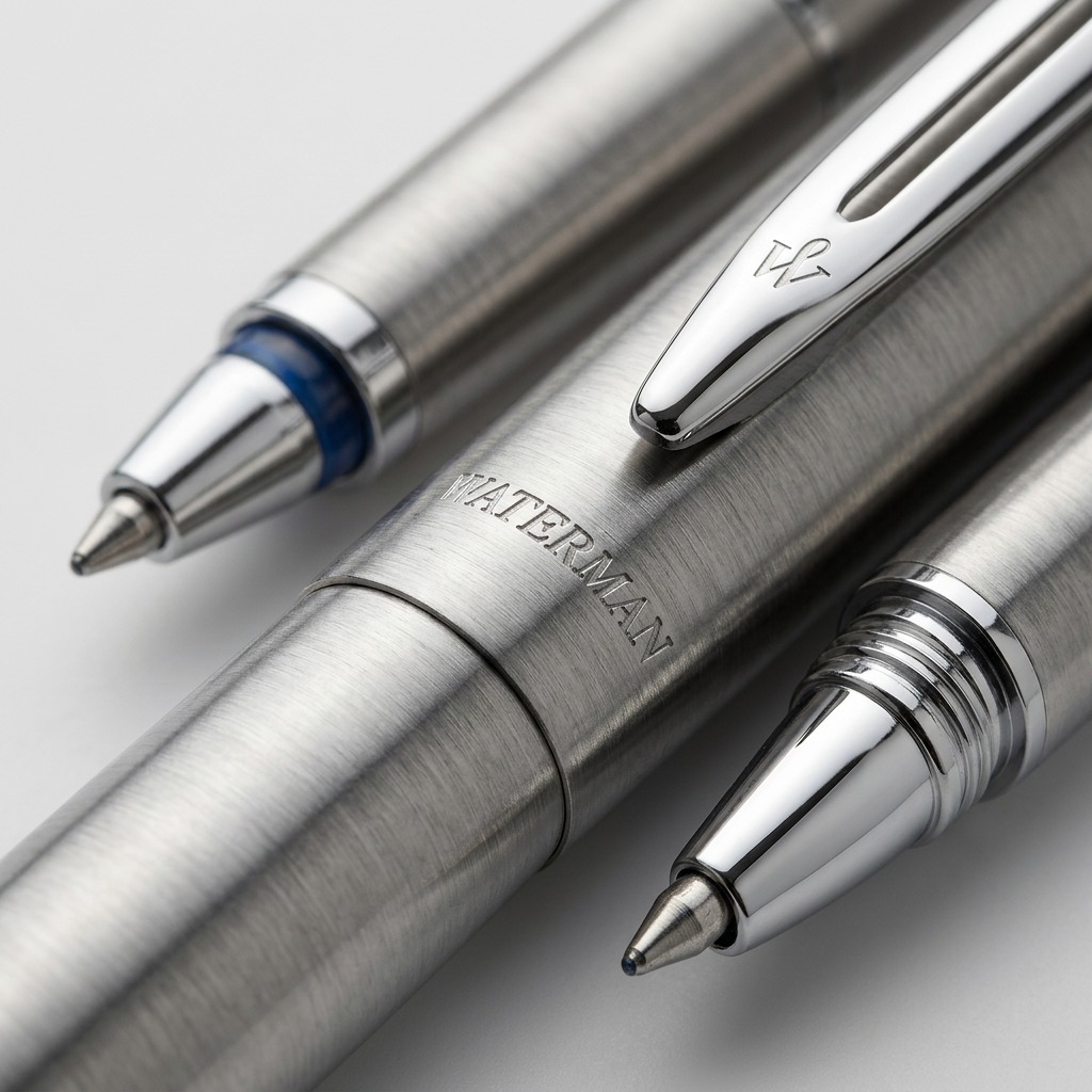 A macro view focuses on the W logo on the clip and the brushed metal finish of the Waterman pen.