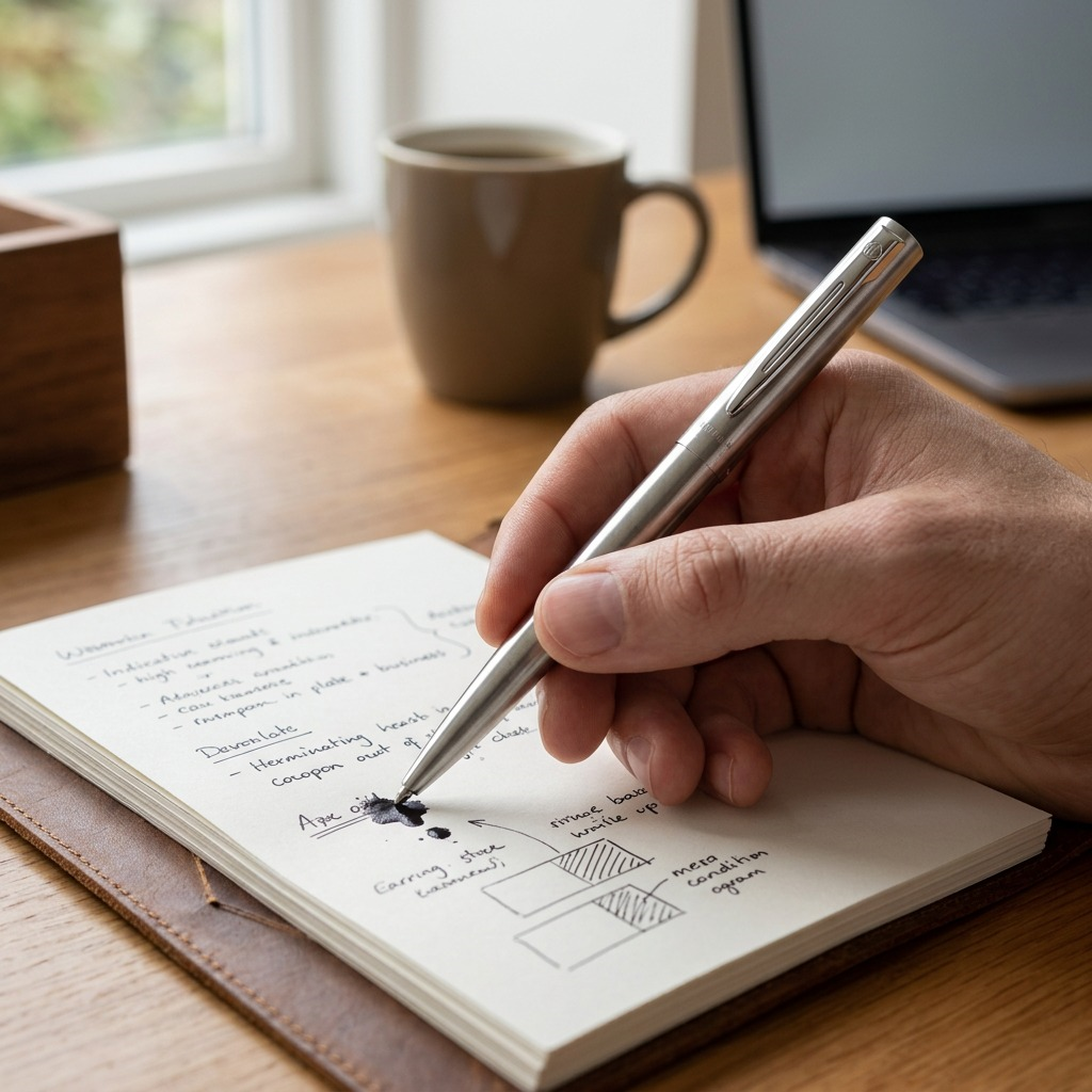 Waterman Allure ballpoint pen on a wooden desk next to a notebook.