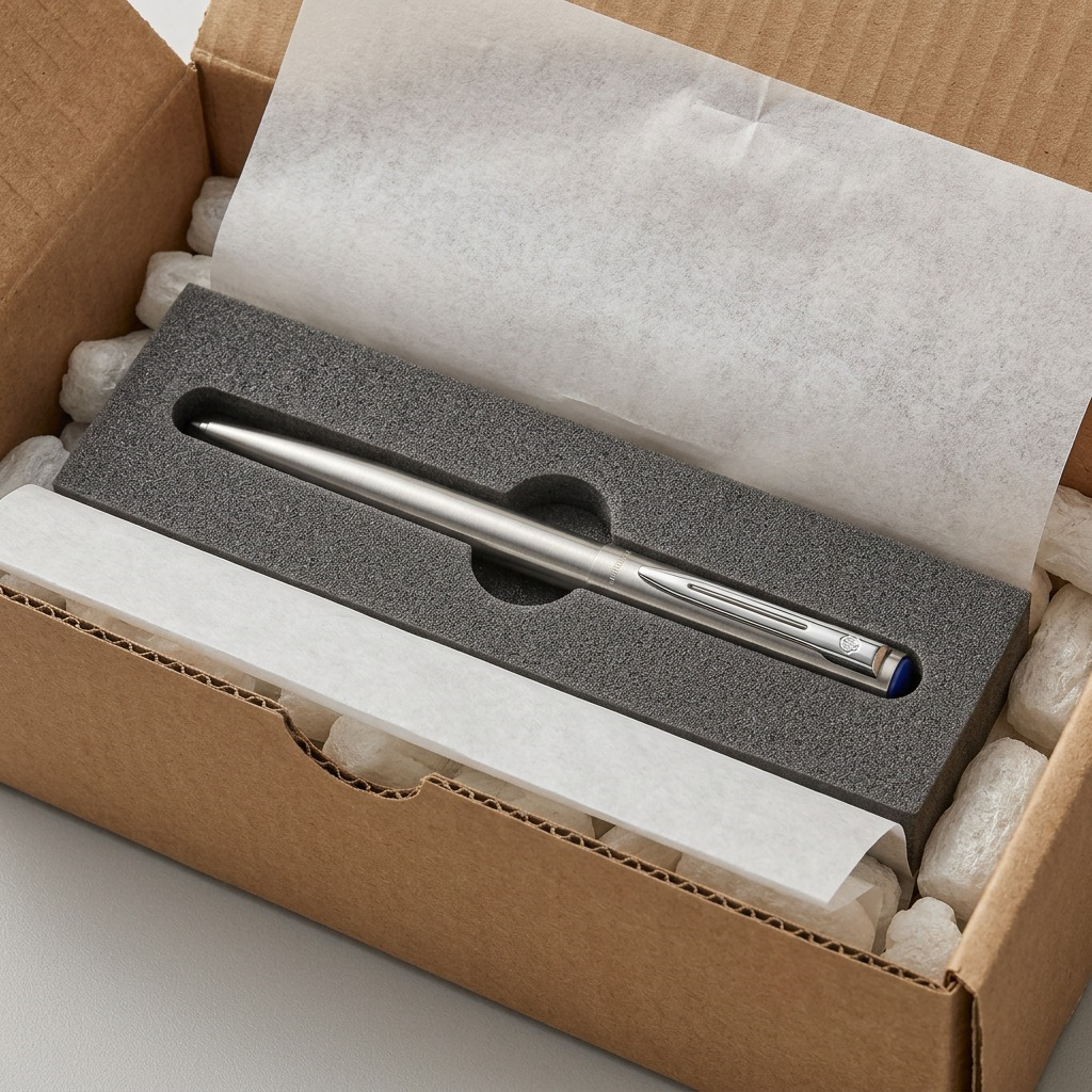 A realistic image showing the protected unboxing of the Waterman Allure Ballpoint Pen, Stainless Steel.