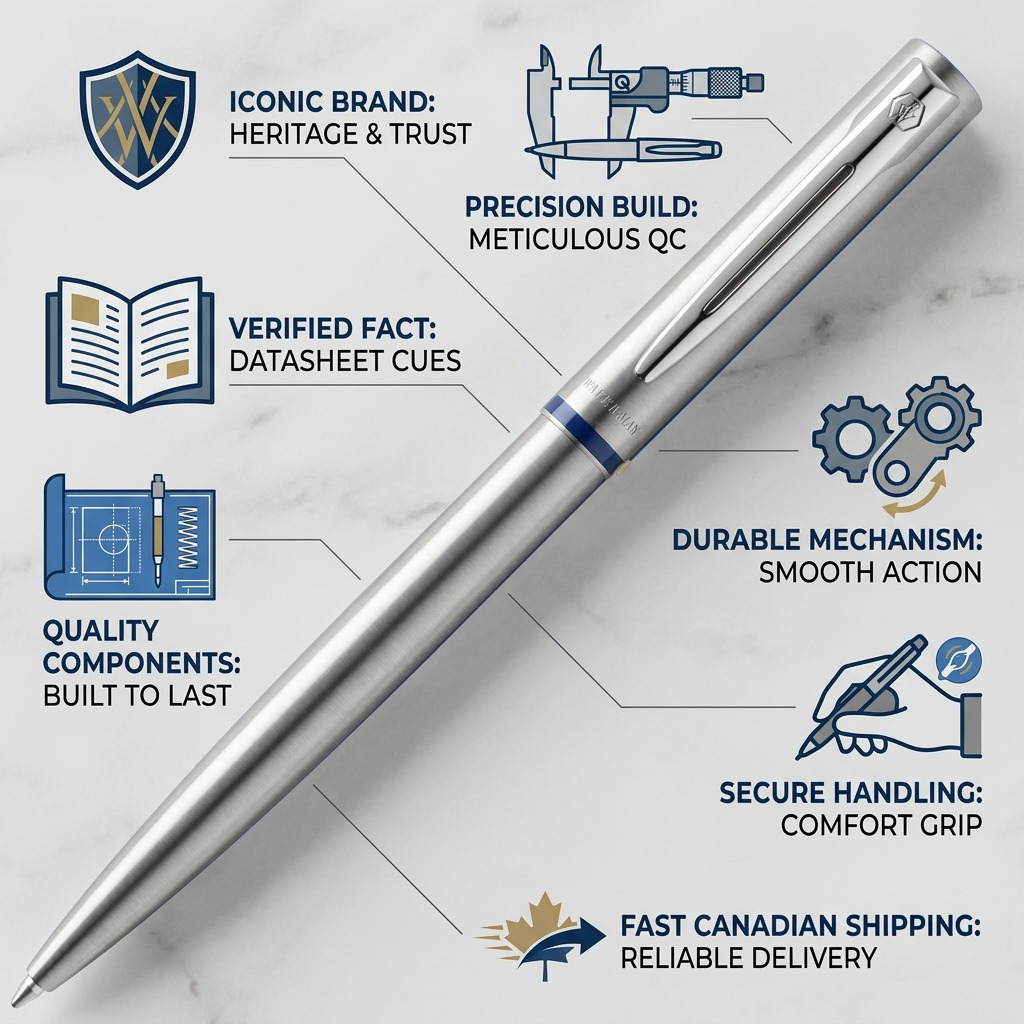 Waterman Allure stainless steel pen infographic with features, quality, and fast speed.