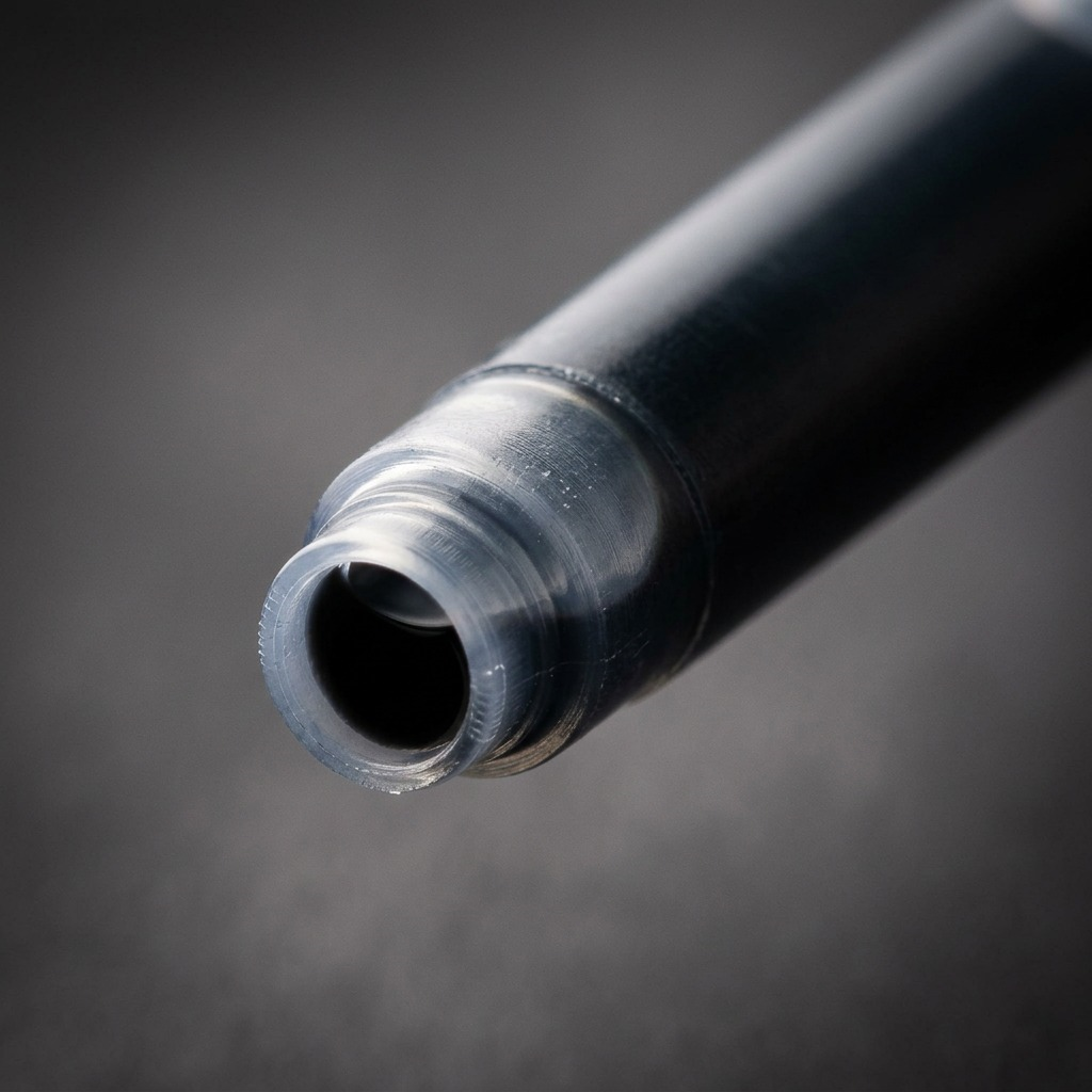 A detailed macro photograph showing the connector end of a Waterman long ink cartridge, highlighting the ink color.
