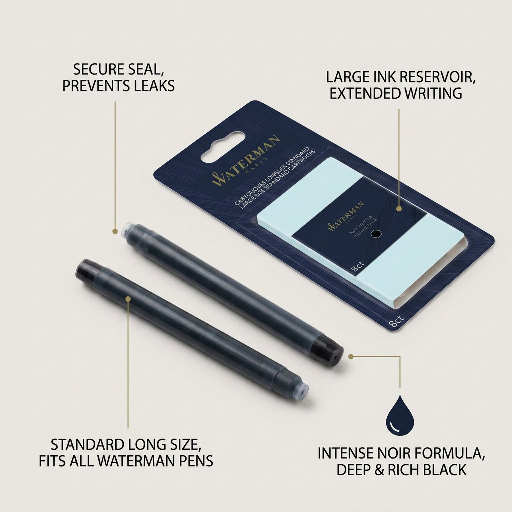 PDP visual matrix showing key benefits of Waterman Intense Black cartridges, linking standard long size to extended writing time and intense black formulation to deep, crisp results.