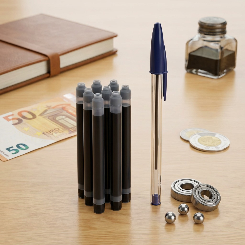 Scale reference photo: A standard Waterman long fountain pen ink cartridge (Intense Black) from the blister pack (image_0.png) shown vertically, positioned right next to a full-size, adult Bic-style ballpoint pen, clearly demonstrating the cartridge's length and scale and making it easy to gauge relative size. Clean white background.