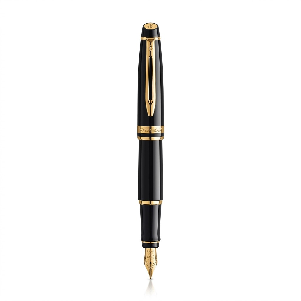A pure product hero shot of the Waterman Expert Fountain Pen, Gloss Black, 23k GT, isolated on white.