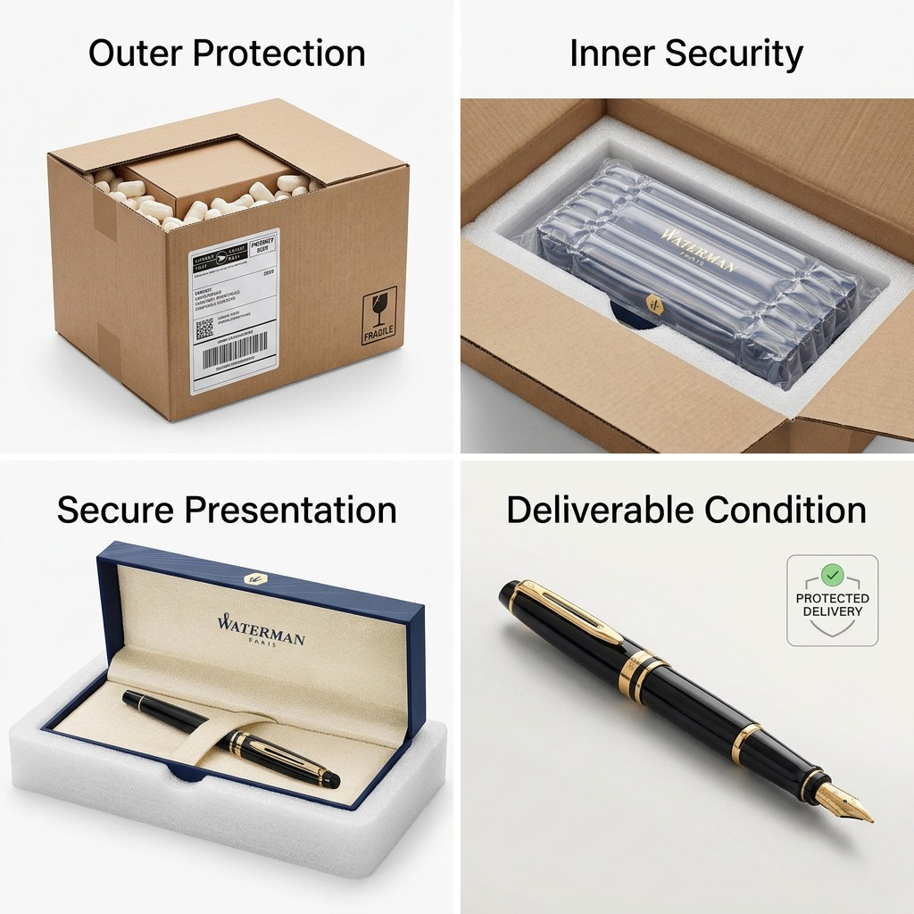 Four-step process showing secure packaging layers protecting a Waterman fountain pen gift set.
