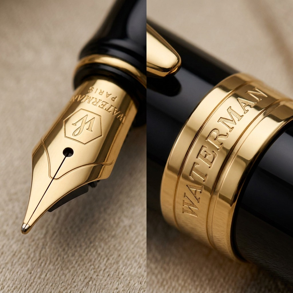 An extreme macro shot showing the medium gold nim, feed, and gold band text on a Waterman Expert pen.