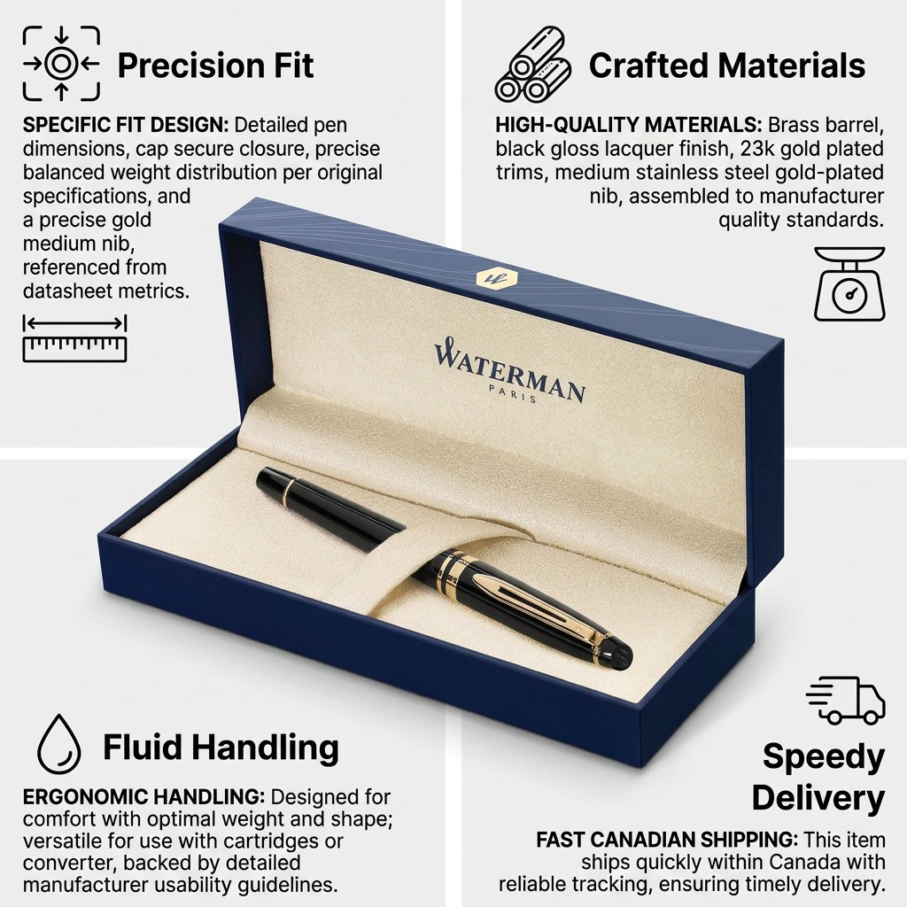 Infographic matrix for Waterman pen with factual cues on fit, materials, handling, and shipping.