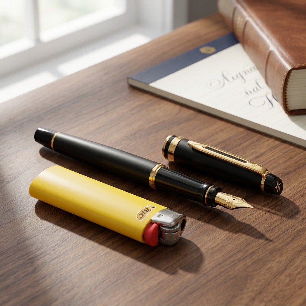 A photo of the black and gold Waterman pen placed neben a US quarter coin on a desk.