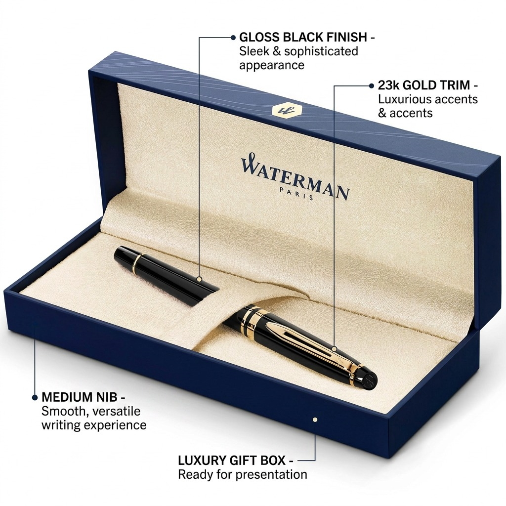 Product image with feature callouts for Waterman Expert pen, highlighting finish, trim, nib, and box.