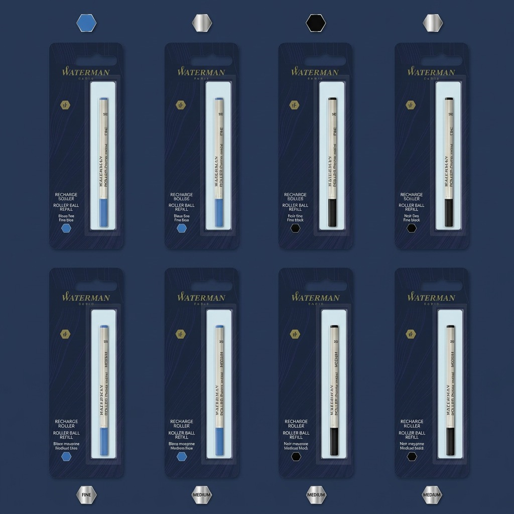 A product variant matrix for Waterman Rollerball Pen Refills, displaying different ink colors and point sizes in neat rows.