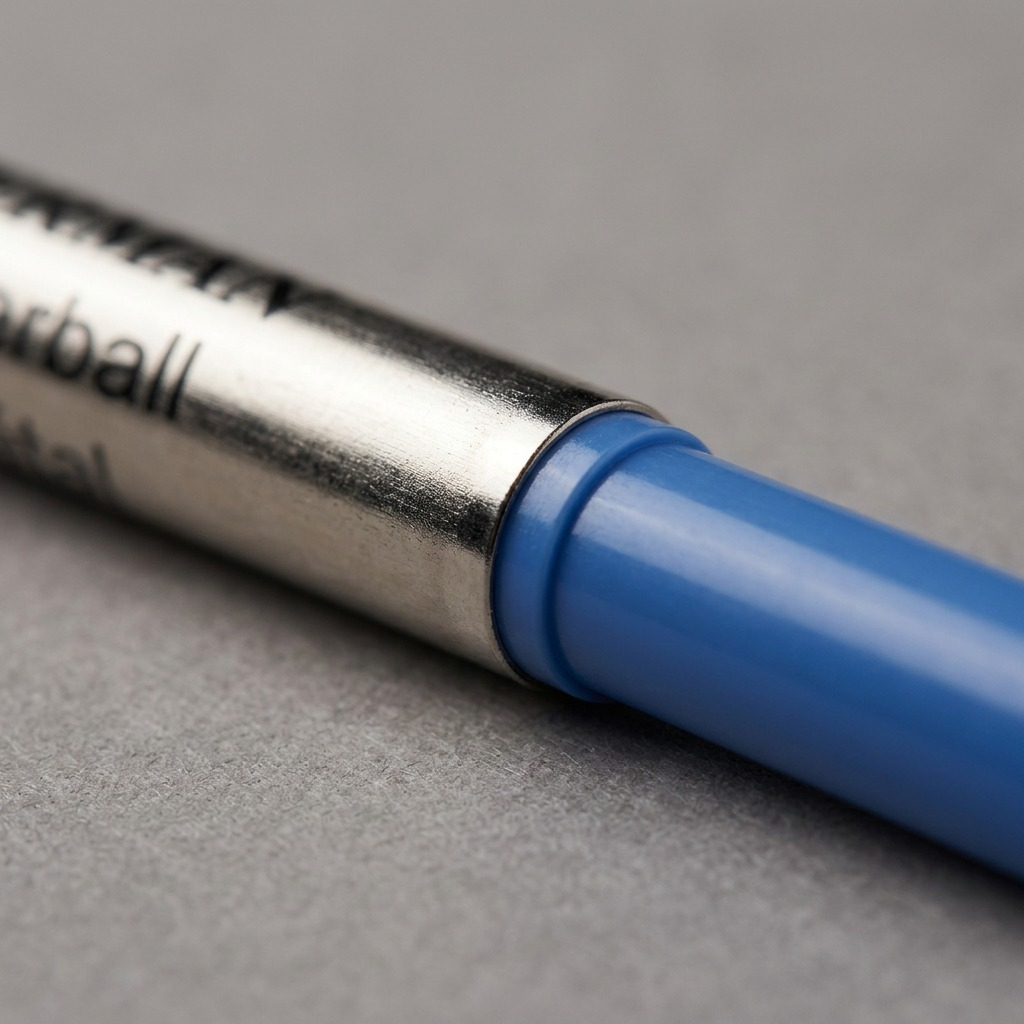 A detailed macro photo showing a close-up of the metal tip and blue plastic cap seam of the Waterman rollerball refill.