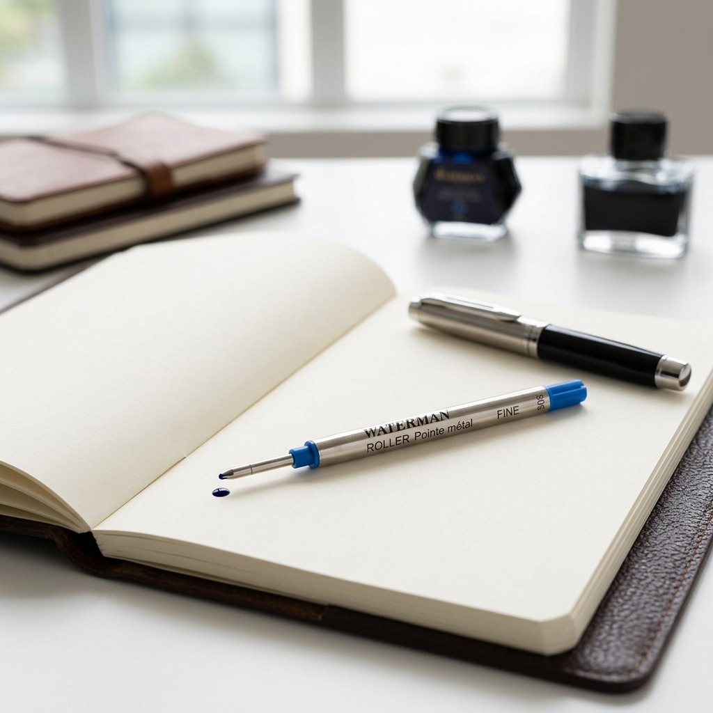 A watermark-style visual of a metal Waterman rollerball pen refill resting on a dark leather journal.