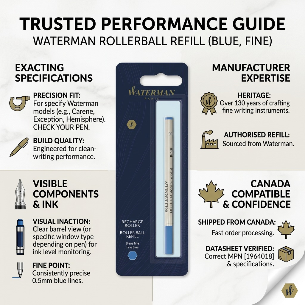 An infographic matrix for the Waterman Rollerball Refill, with four quadrants. Top-left 'EXACTING SPECIFICATIONS' (micrometer icon) details precision fit; top-right 'MANUFACTURER EXPERTISE' (seal) references legacy and authorisaton; bottom-left 'VISIBLE COMPONENTS & INK' (metal tip, tank window icons) for tracking; bottom-right 'CANADA COMPATIBLE & CONFIDENCE' (maple leaf) confirms local shipping. The product package is in the center with its accurate blue and white design and Waterman logo.
