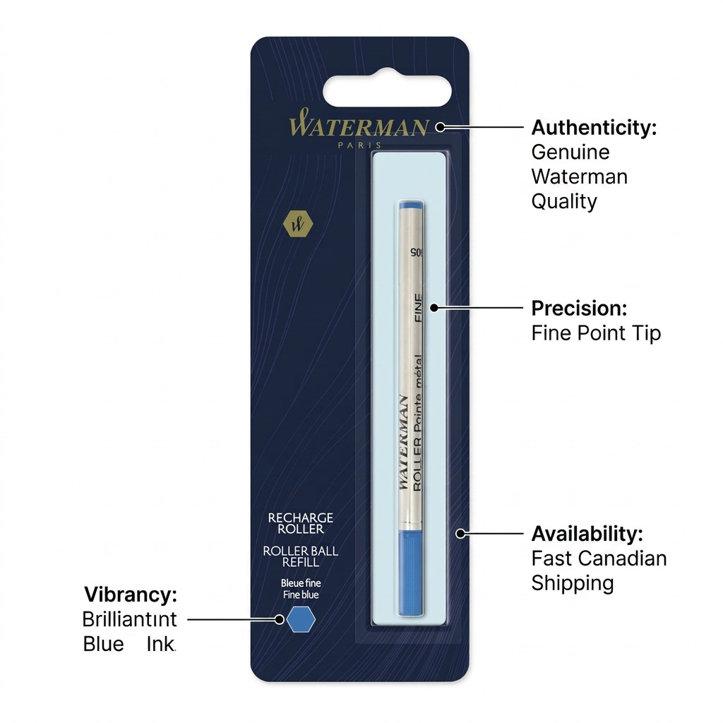 Feature callout graphic of a Waterman refill pack, highlighting key brand, product, and logistical details.