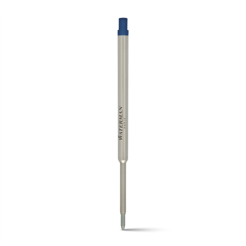 A high-resolution, centered view of a pristine Waterman silver metal ballpoint pen refill with its blue cap, against a pure white background. The WATERMAN PARIS logo is visible on the barrel.