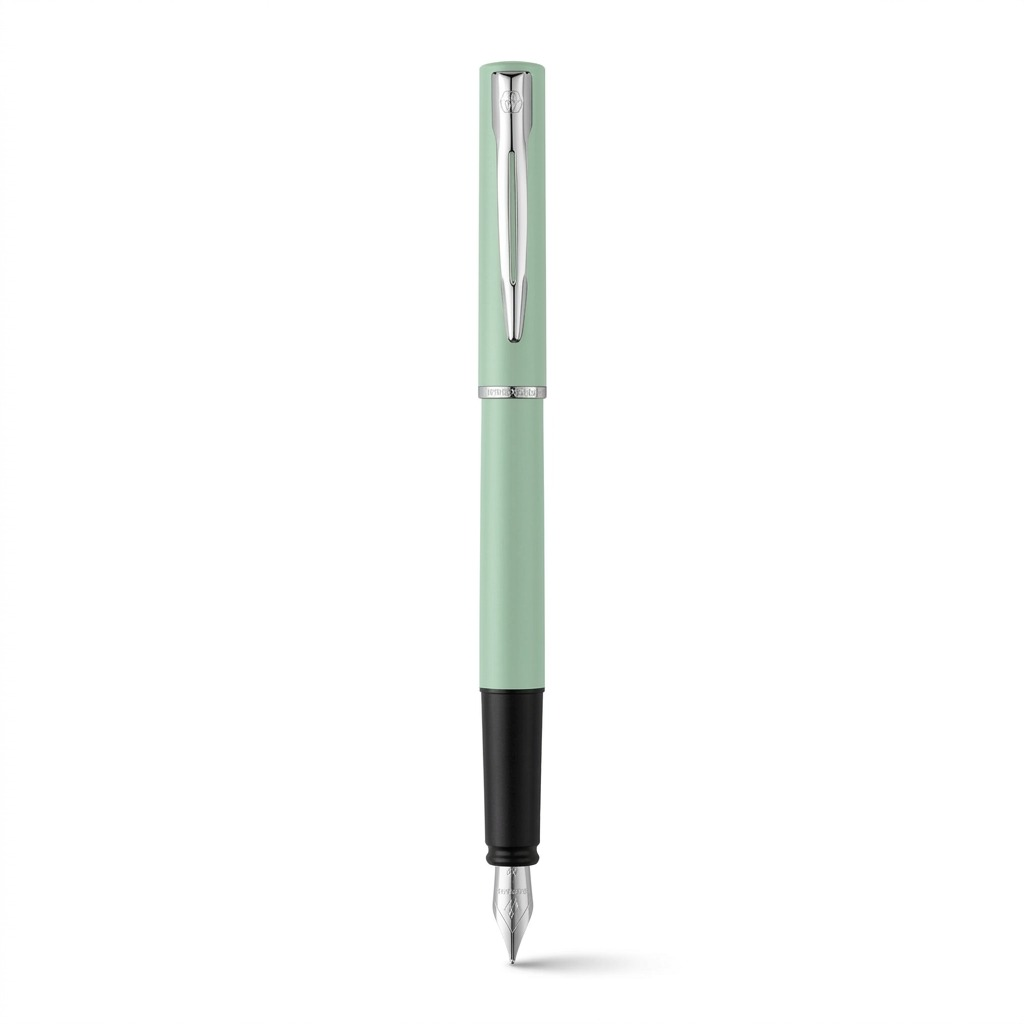 High-resolution hero shot of the pale mint green Waterman Allure fountain pen from figure above, shown in full and out of packaging, centered on a pure white background. The cap, pen body, and section are clearly visible, preserving all specific materials, finishes, proportions, the silver clip with the 'W' logo, and the 'WATERMAN FRANCE' engraving exactly as seen in figure above. Clean lighting highlights the texture.