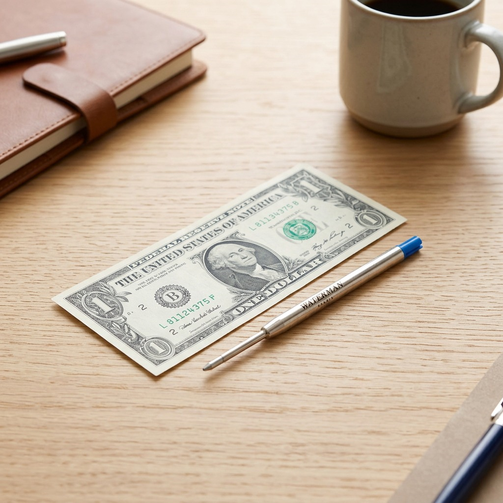 A size comparison of a Waterman ballpoint pen refill with a US standard dollar bill on a clean surface.