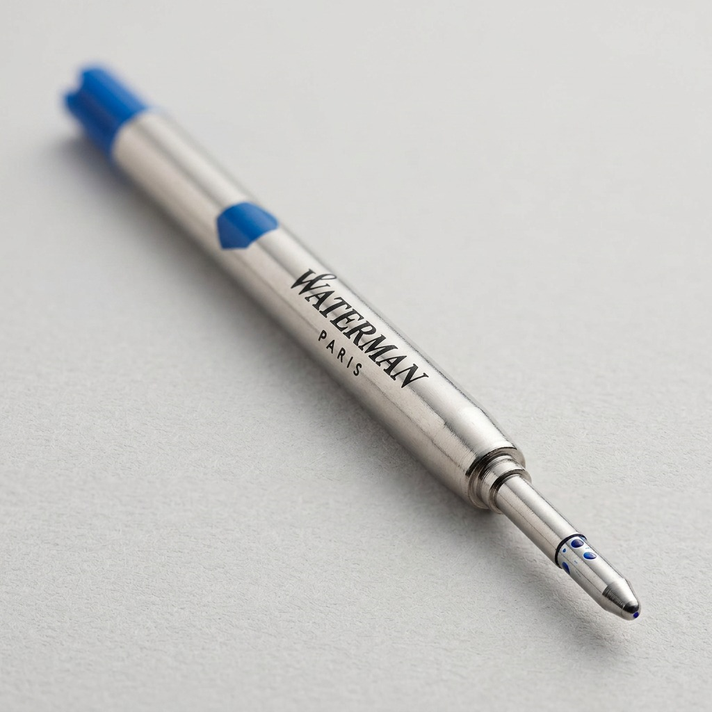 A macro photo of the Waterman medium blue ballpoint refill tip.