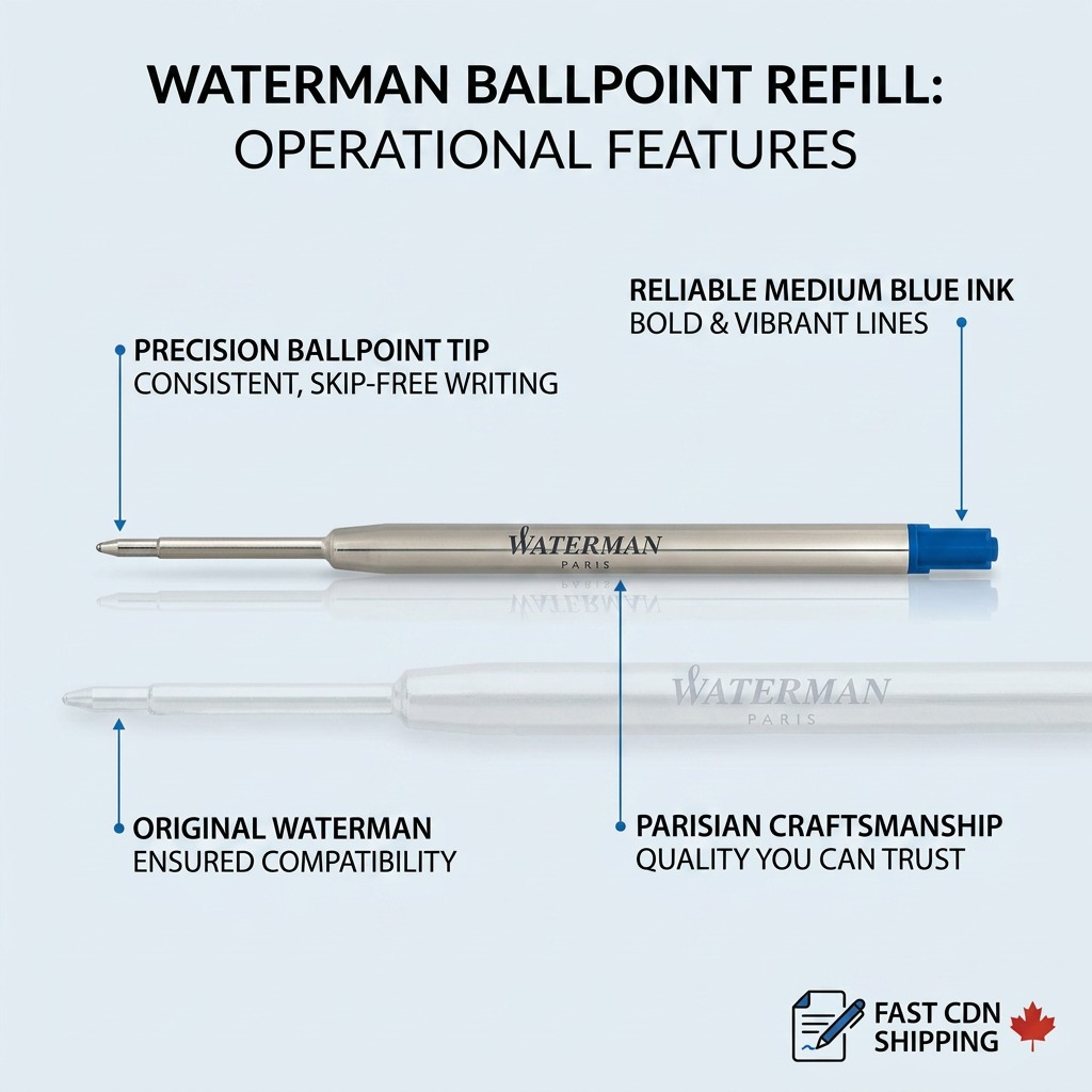 Operational features callout graphic for Waterman medium point blue ink ballpoint pen refill.