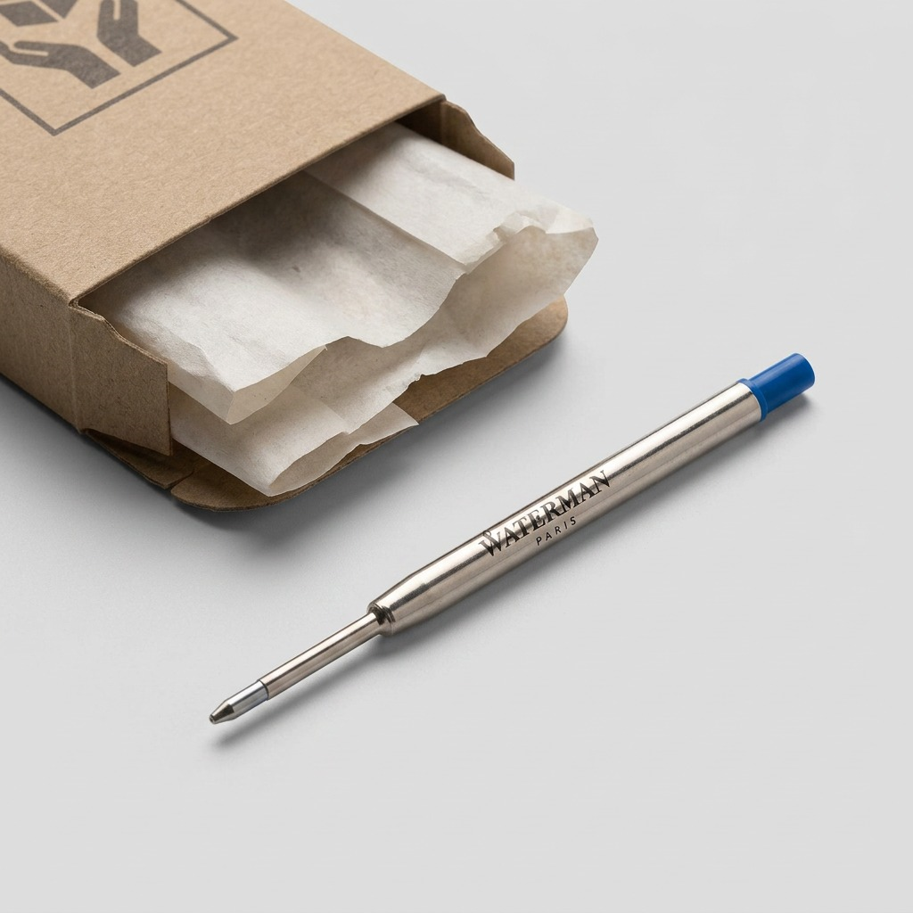 A close-up photograph shows the Waterman pen refill unboxed on a clean grey surface next to crumpled protective tissue paper, conveying confident delivery. Refill features mirror the reference.