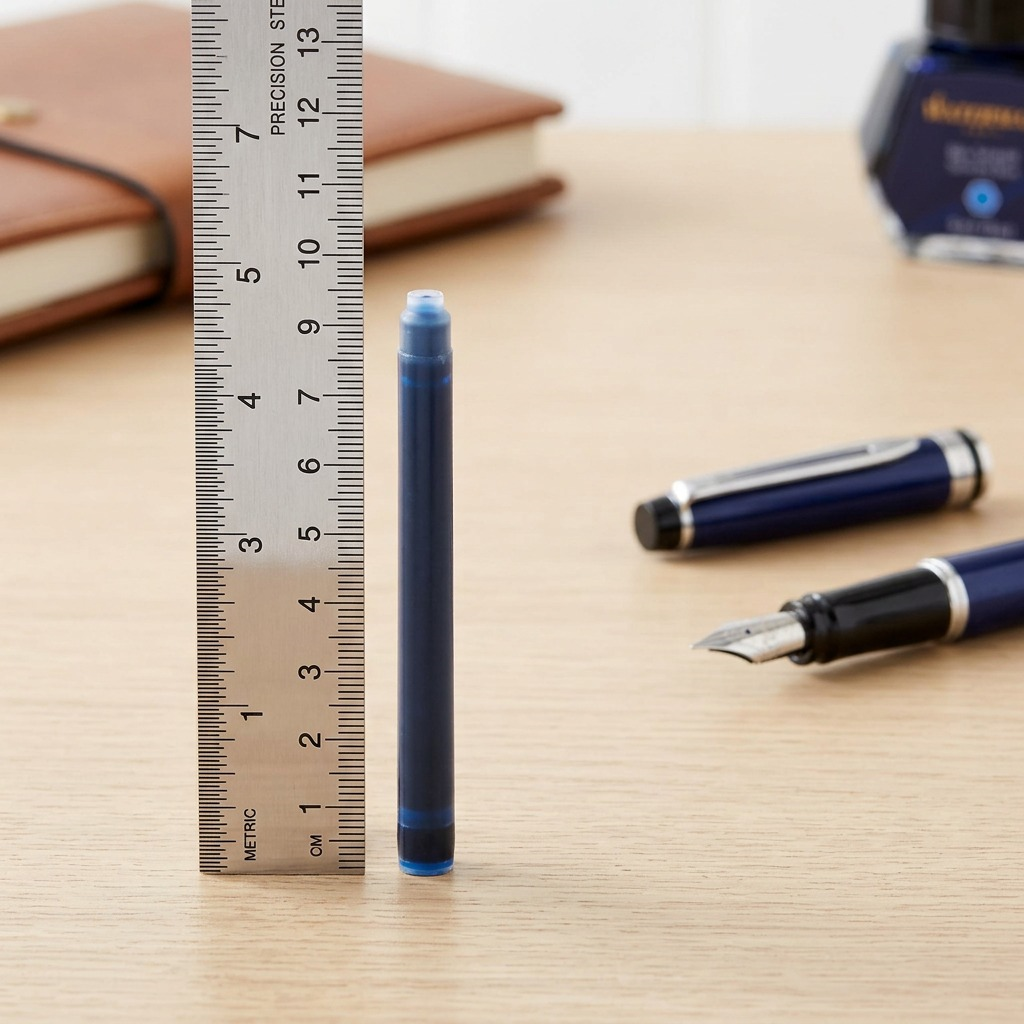 Scale reference photo: A Waterman Long Standard Serenity Blue ink cartridge next to a metric ruler and a common coin.
