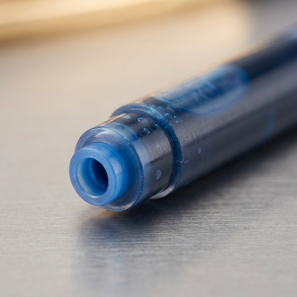 Extreme macro view of the translucent end and plug mechanism of a single Waterman Serenity Blue ink cartridge.