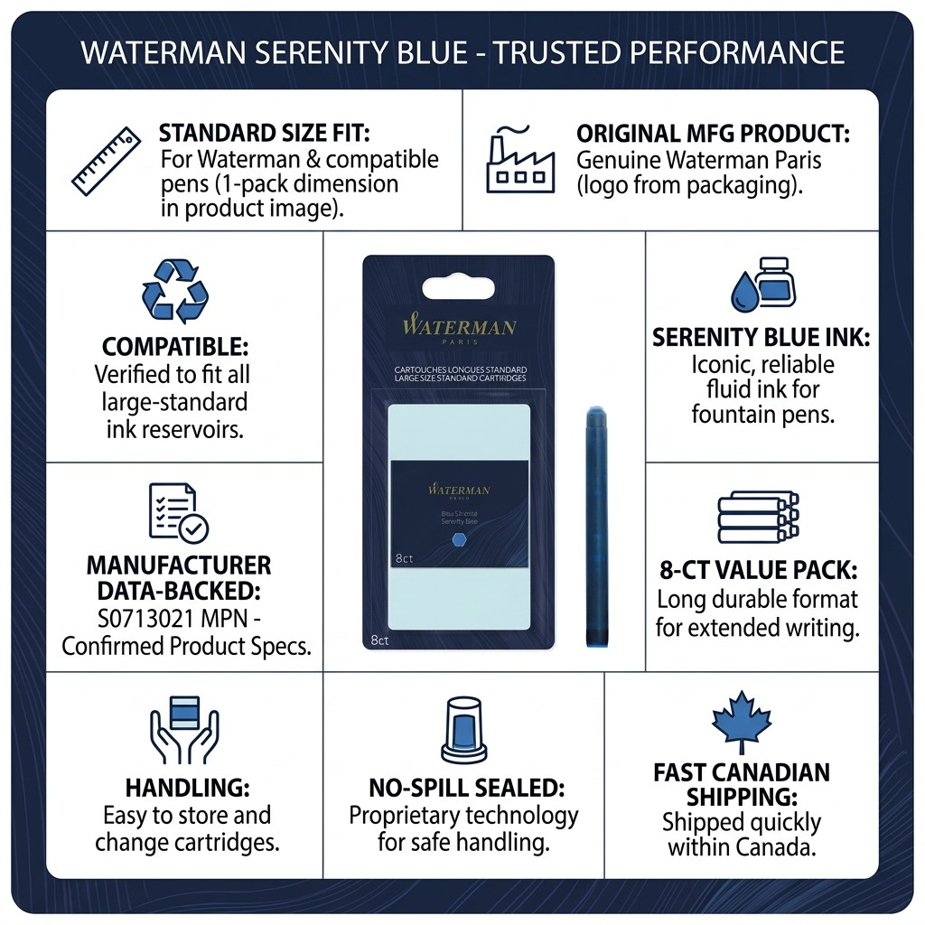 A trust-building product matrix for Waterman Serenity Blue Ink Cartridges. The image centers the original product pack and a single cartridge, surrounded by informative panels. Topics include: Standard Size Fit, Original MFG Product, Genuine Serenity Blue Ink, 8-Ct Value Pack, Fast Canadian Shipping, No-Spill Seal, Easy Handling, and Manufacturer Data-Backed (MPN: S0713021). The layout is clean and uses icons with concise text.