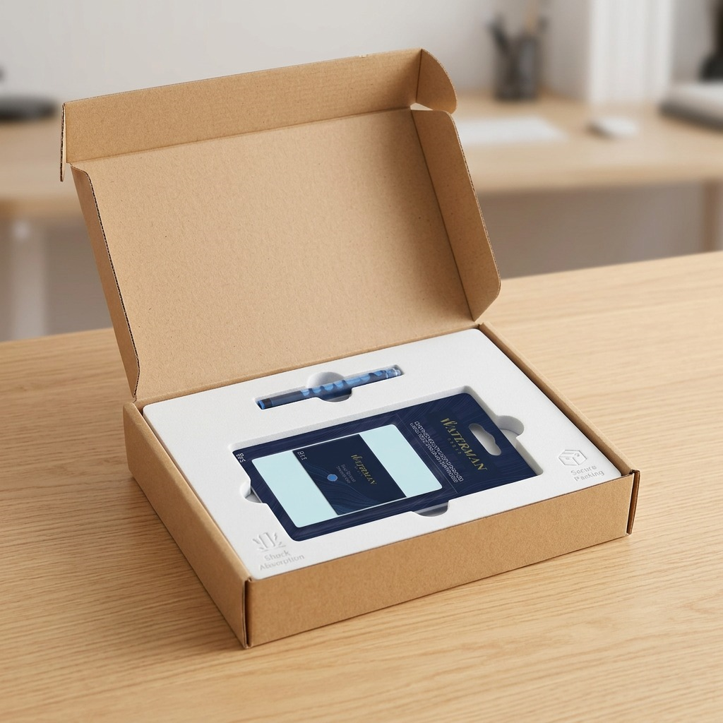 Premium unboxing scene showing Waterman long standard ink cartridges blister pack with one loose cartridge in protective foam and a shipping box, ensuring safe delivery.