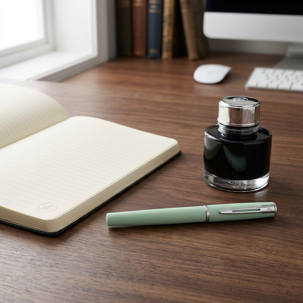 A photographic scale reference of the Waterman Allure fountain pen resting on a dark walnut desk near an open A5 notebook and a glass ink bottle, conveying its true size.