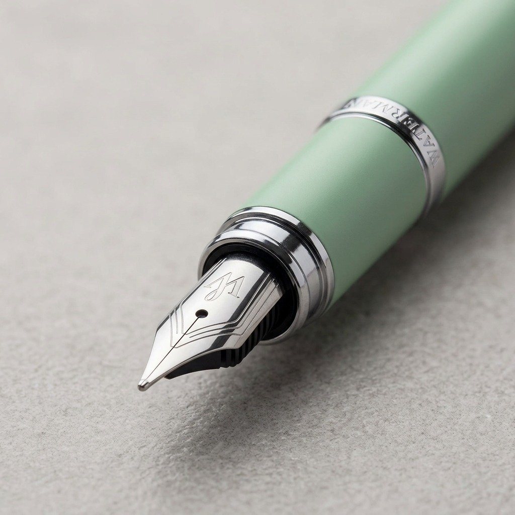 An extreme close-up view of the fine metal nib on the Waterman Allure fountain pen.