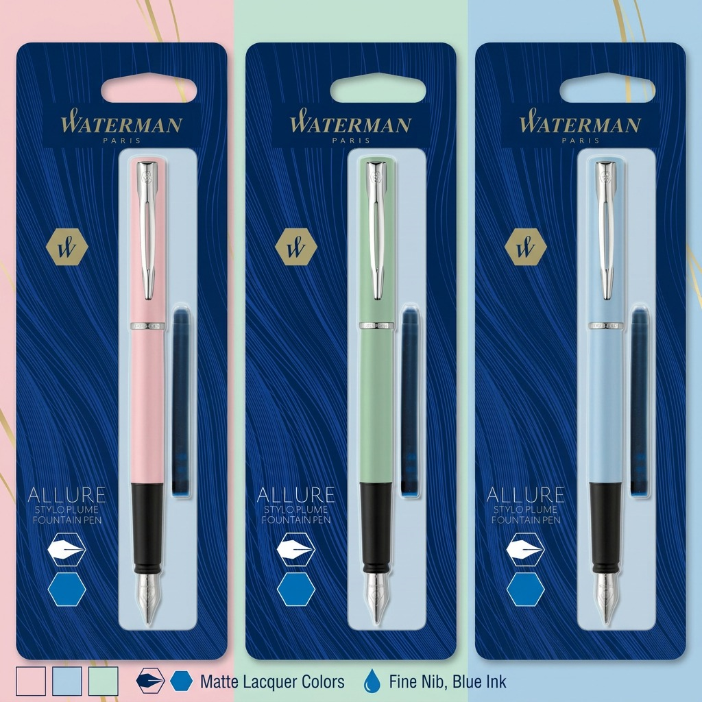 PDP visual matrix showcasing the Waterman Allure Fountain Pen in pastel pink, pastel blue, and mint green colors.