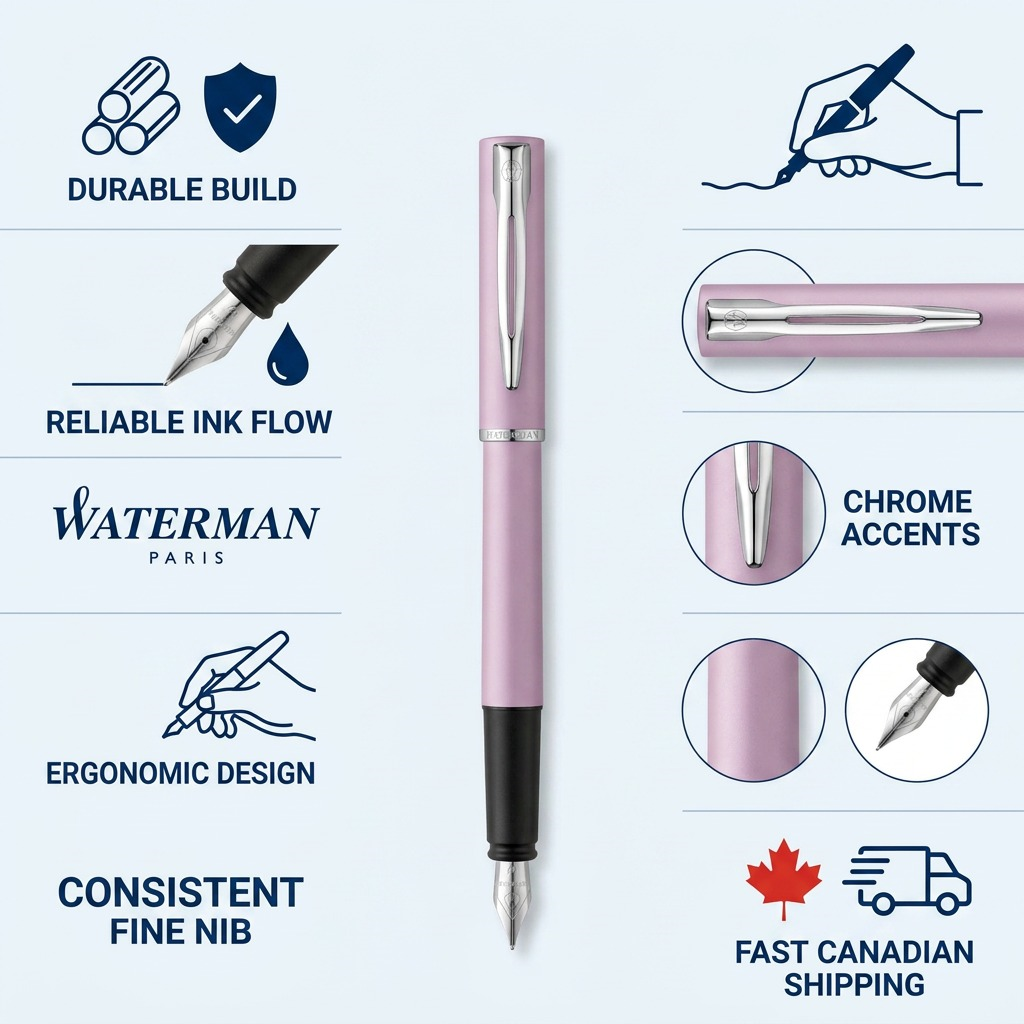 Trust and authority visual for the Waterman Allure fountain pen, highlighting key features and Canadian shipping.