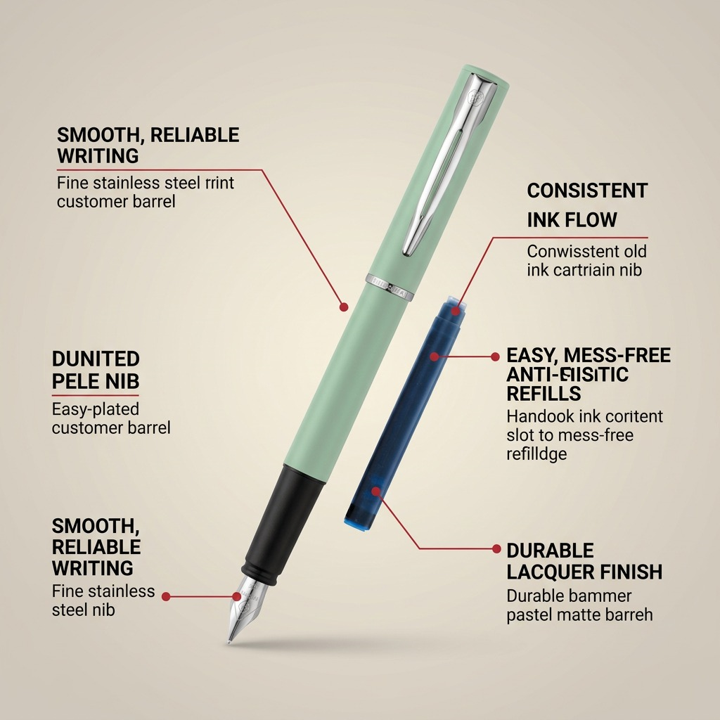 Waterman Allure fountain pen: durable finish, fine nib, easy refills, smooth ink flow.