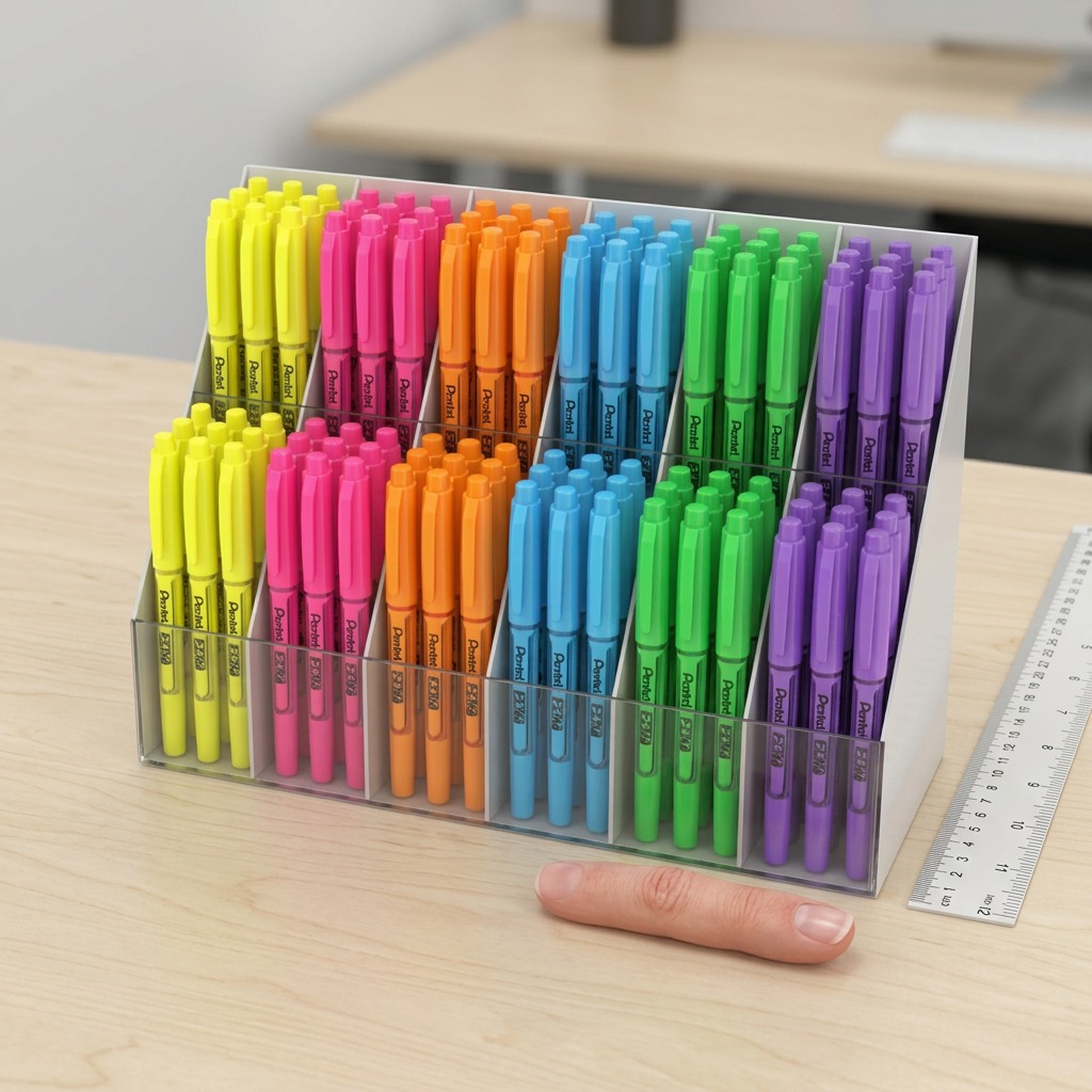 A high-resolution product photograph of the specific clear acrylic tiered retail display unit for Pentel highlighters, as shown in image_0.png, stocked with the colorful pens, sitting on a standard birch plywood office desk. Placed directly next to it is a realistic, standard human index finger, showing the display's scale and size. The light is soft and even, highlighting product details and the finger's scale. No text or logos are added to the new image.