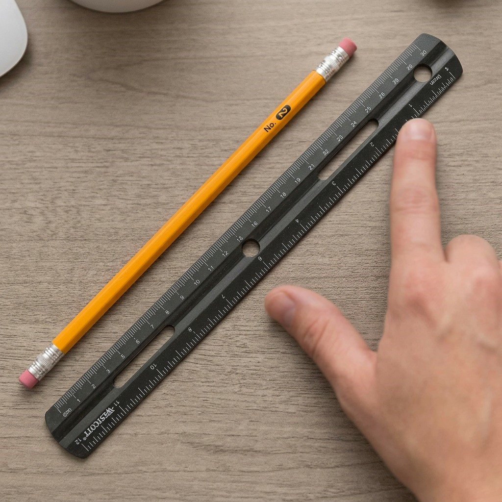 A close-up photograph of the 30cm/12 inch Westcott KleenEarth ruler and a pencil positioned as a scale reference on a desk.