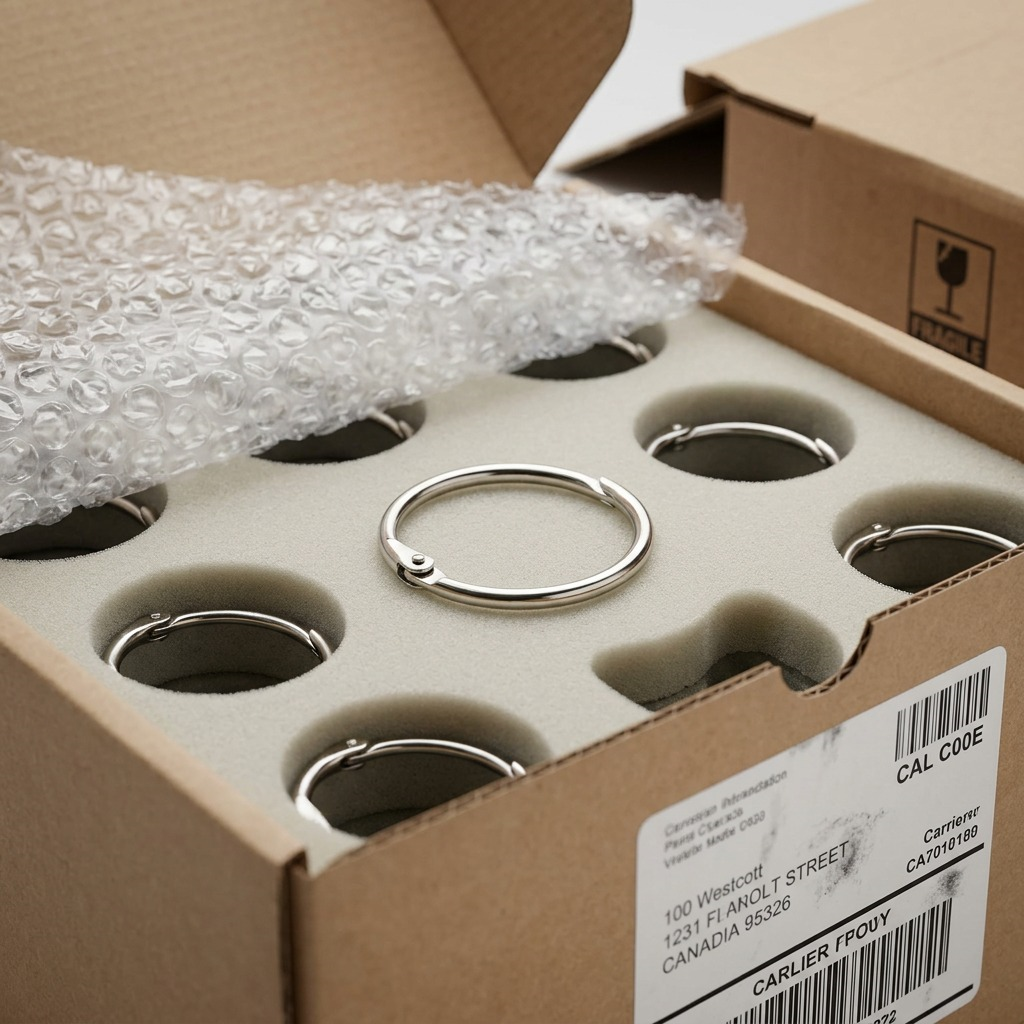 nA premium close-up of a Westcott 1-inch metal ring, identical to the canonical image, held securely within a protective foam cutout in a shipping box, ensuring damage-free delivery for all eighteen of them.