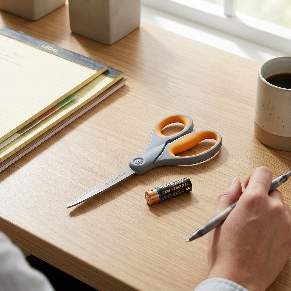 A close-up photo shows the grey and orange Westcott 8-inch scissors lying flat on a wooden desk beside a standard-sized paperback book for accurate scale comparison. The "TITANIUM" engraving is clearly visible on the lower metal blade. Natural daylight from a side window illuminates the scene.