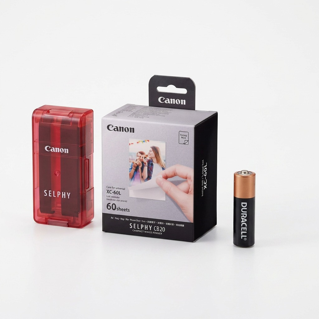 Canon XC-60L product set besides an AA battery for scale, displaying its true compact size.