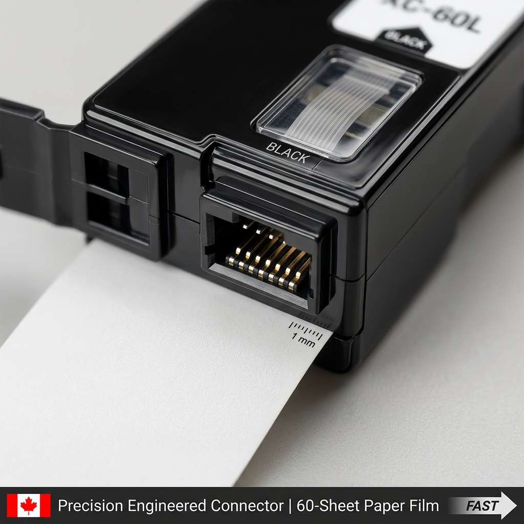Macro photo of the Canon XC-60L connector and data pins with accurate measurement marks on paper.