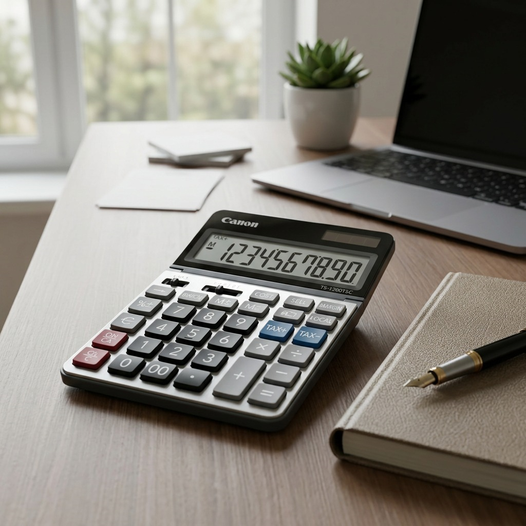 A lifestyle photo of the Canon TS-1200TSC calculator on a wooden desk next to an open notebook and laptop.