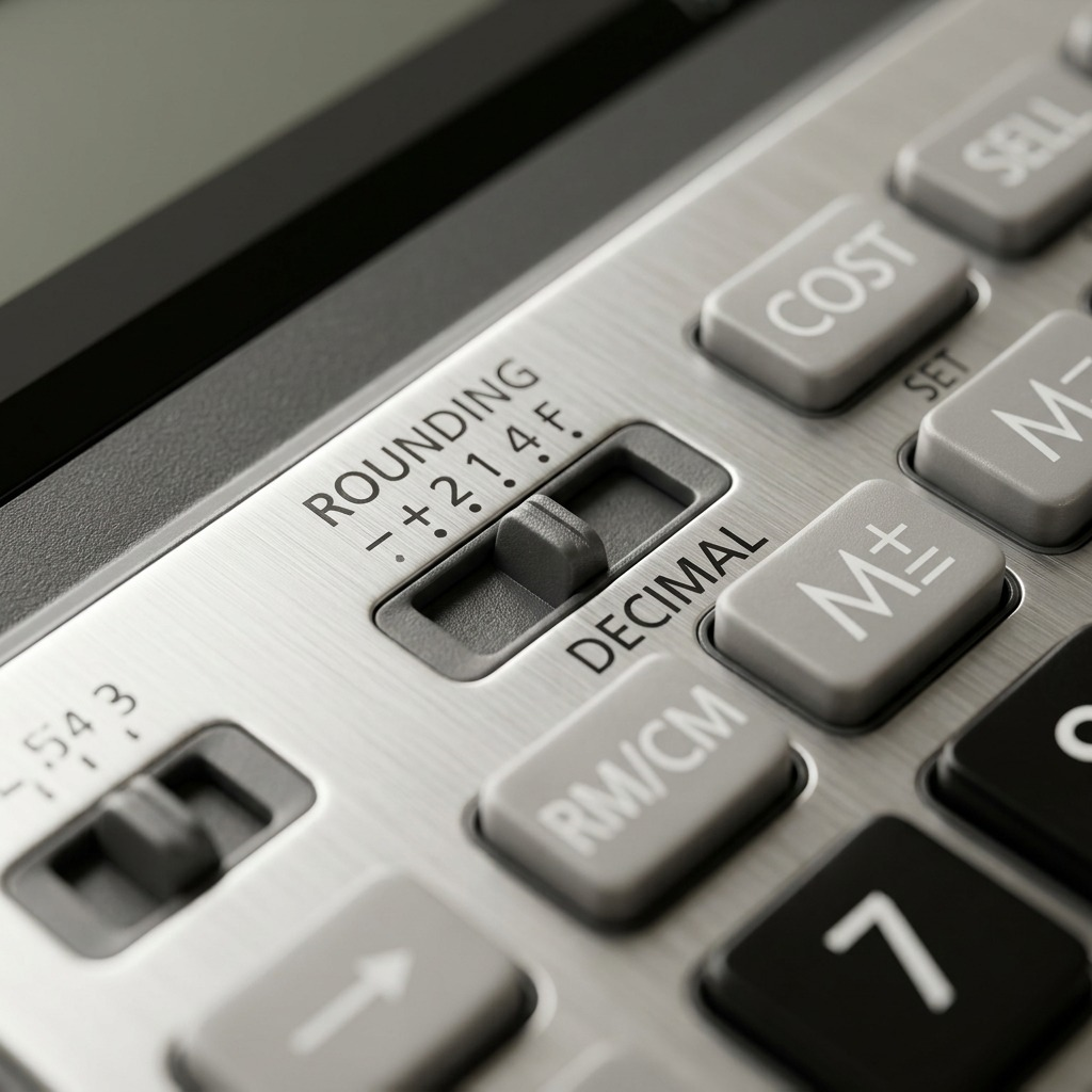 Extreme close-up of the textured silver casing, precise button gaps, and two functional slider switches of the Canon TS-1200TSC calculator.