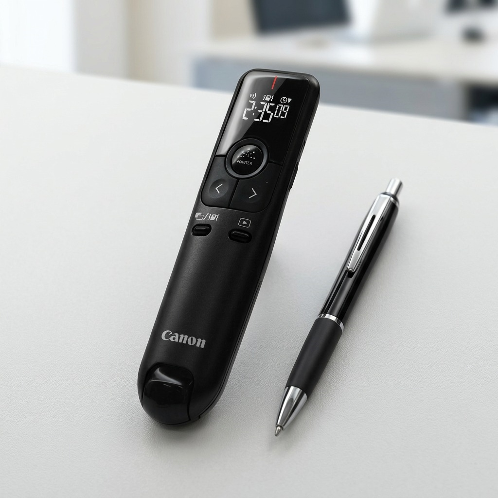 The Canon PR100-R-BK presenter shown to scale next to a standard ballpoint pen.