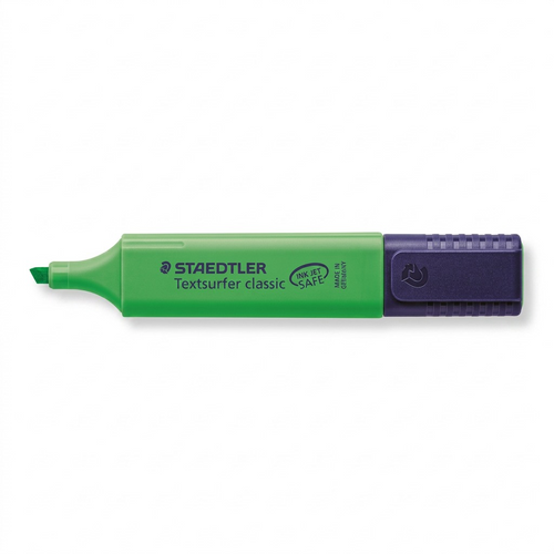 High-resolution hero shot of the STAEDTLER Textsurfer classic green highlighter, with exact text and cap seen in image_0.png, on a pure white background.